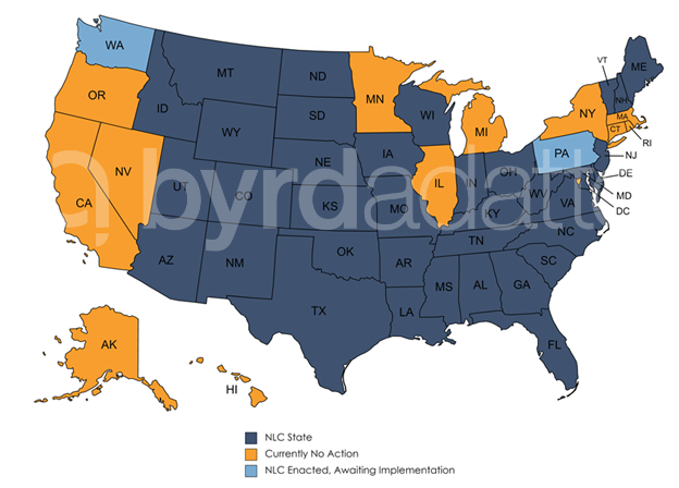 Map of U.S. showing the status of each state regarding NLC ratification